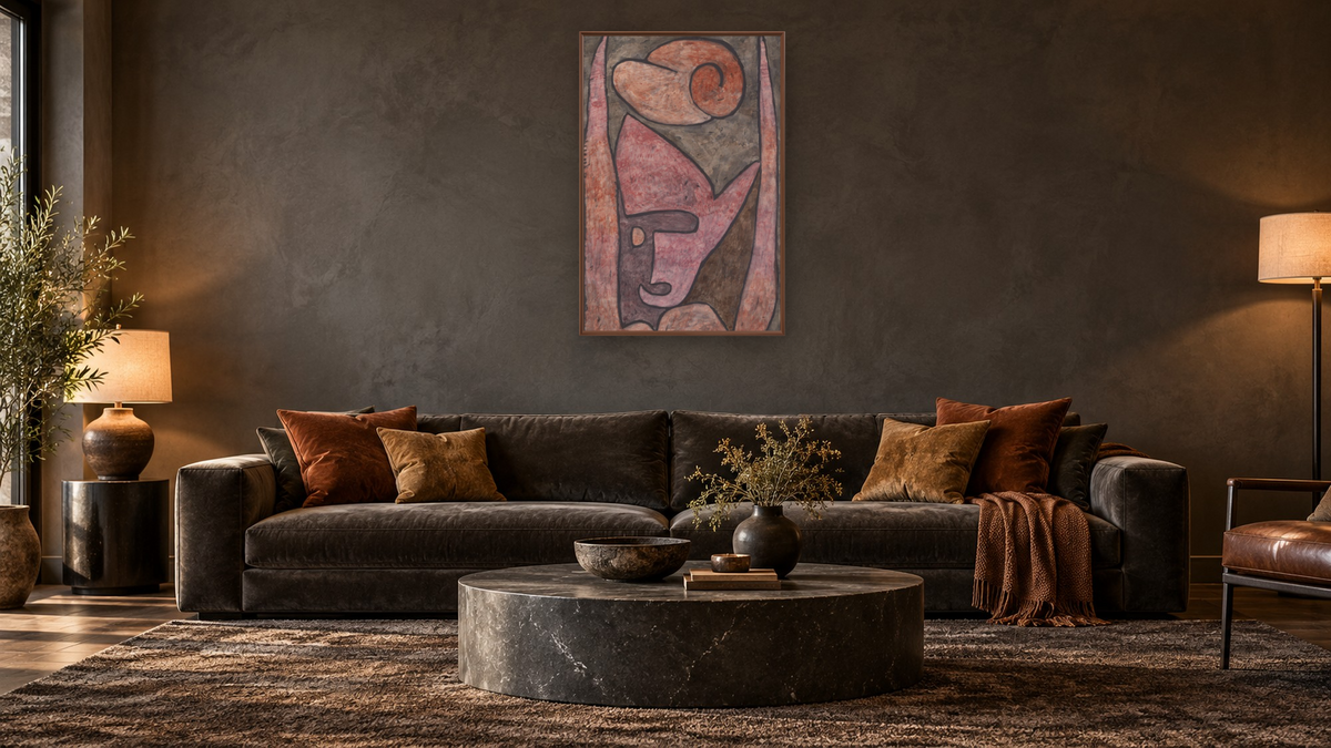 Fire Spirit, 1939 by Paul Klee, shown at 28 × 42 in (71.1 × 106.7 cm) on canvas in Arber Warm Walnut, den