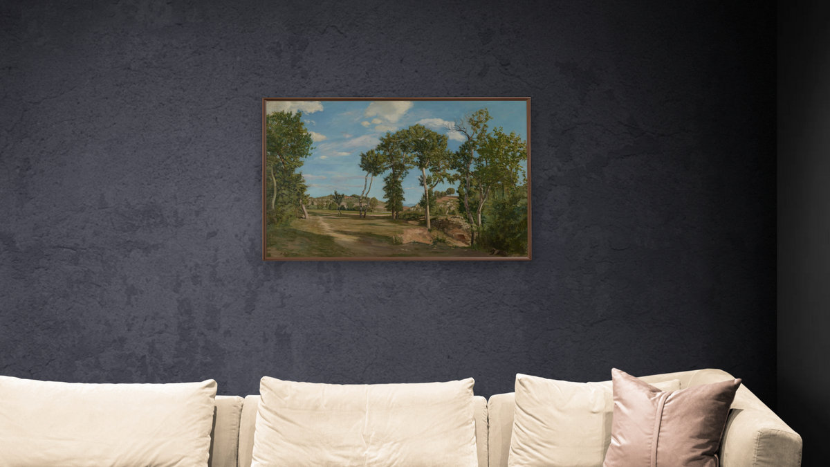 Landscape by the River Lez by Frederic Bazille, shown at 28 × 42 in (71.1 × 106.7 cm) on canvas in Arber Warm Walnut, living