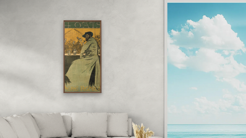 4 Gats by Ramón Casas, shown at 20 × 40 in (50.8 × 101.6 cm) on canvas in Arber Warm Walnut, living [arteriel-render:v6:room_a:20x40@34,41]