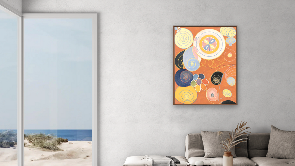 Group IV, The Ten Largest, No. 3 Youth by Hilma af Klint, shown at 30 × 40 in (76.2 × 101.6 cm) on canvas in Arber Warm Walnut, living