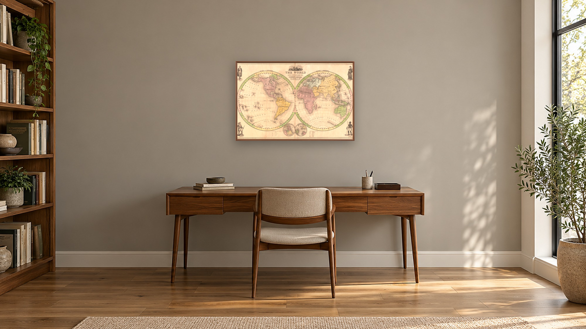 The World. Olney's Outline Maps for Common Schools, shown at 28 × 42 in (71.1 × 106.7 cm) on canvas in Arber Warm Walnut, library