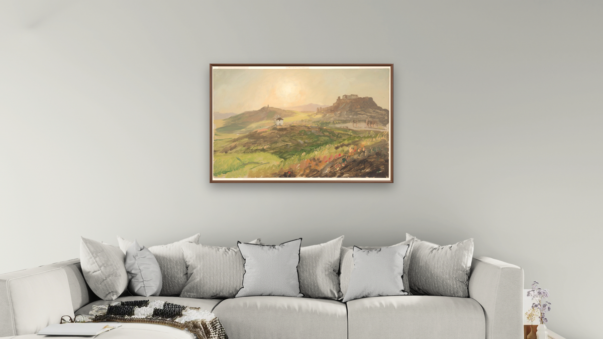 View of the Acropolis, Athens by Frederic Edwin Church, shown at 28 × 42 in (71.1 × 106.7 cm) on canvas in Arber Warm Walnut, living