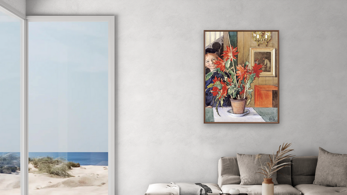 Brita's Cactus by Carl Larsson, shown at 30 × 40 in (76.2 × 101.6 cm) on canvas in Arber Warm Walnut, living
