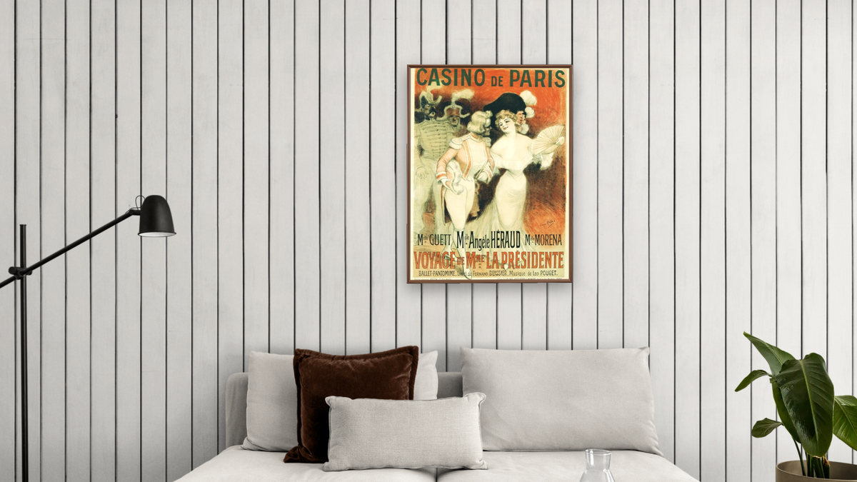 Casino de Paris Poster by Georges Redon, shown at 30 × 40 in (76.2 × 101.6 cm) on canvas in Arber Warm Walnut, living