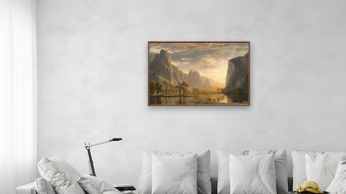 Valley of the Yosemite by Albert Bierstadt, shown at 28 × 42 in (71.1 × 106.7 cm) on canvas in Arber Warm Walnut, living