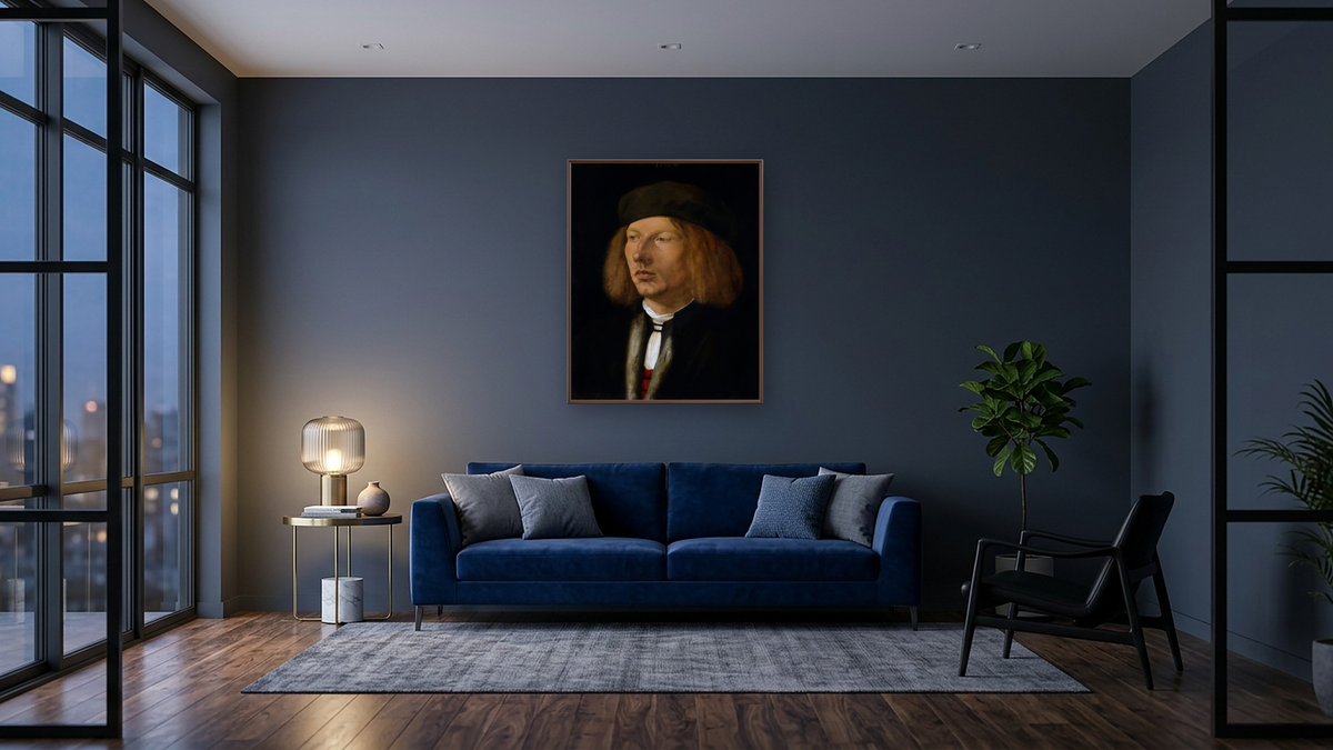 Portrait of Burkhard of Speyer by Albrecht Dürer, shown at 32 × 40 in (81.3 × 101.6 cm) on canvas in Arber Warm Walnut, den
