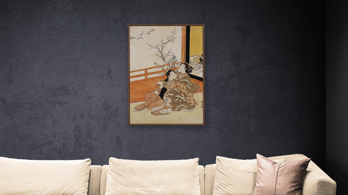 Two Women Seated By a Verandah by Suzuki Harunobu, shown at 28 × 42 in (71.1 × 106.7 cm) on canvas in Arber Warm Walnut, living