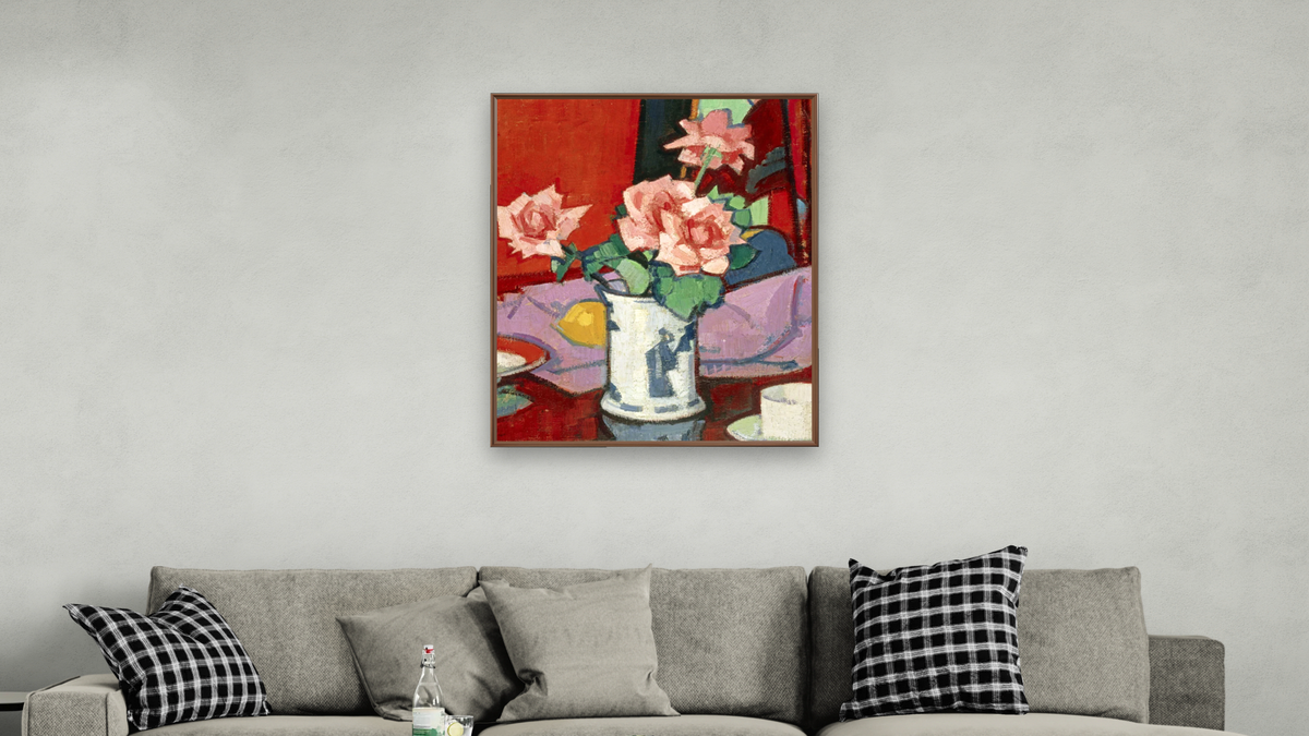 Pink Roses, Chinese Vase by Samuel John Peploe, shown at 32 × 40 in (81.3 × 101.6 cm) on canvas in Arber Warm Walnut, living