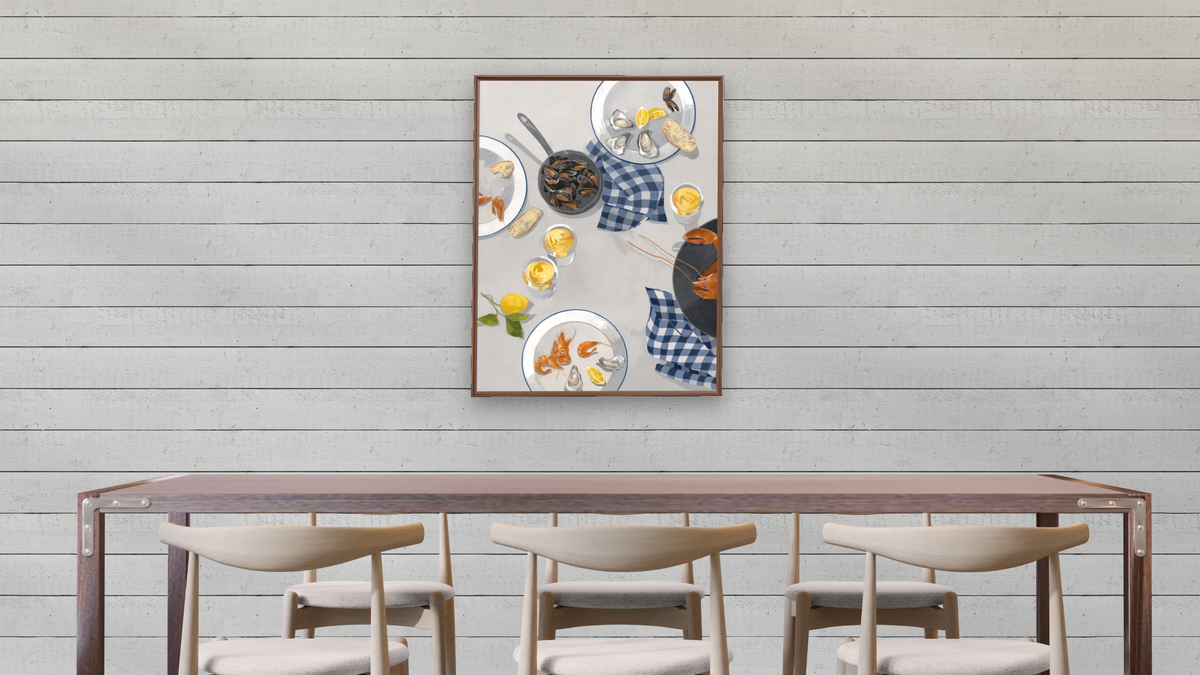 Break Out of the Shell-Diptych 1 by Catherine Gerke, shown at 30 × 40 in (76.2 × 101.6 cm) on canvas in Arber Warm Walnut, dining