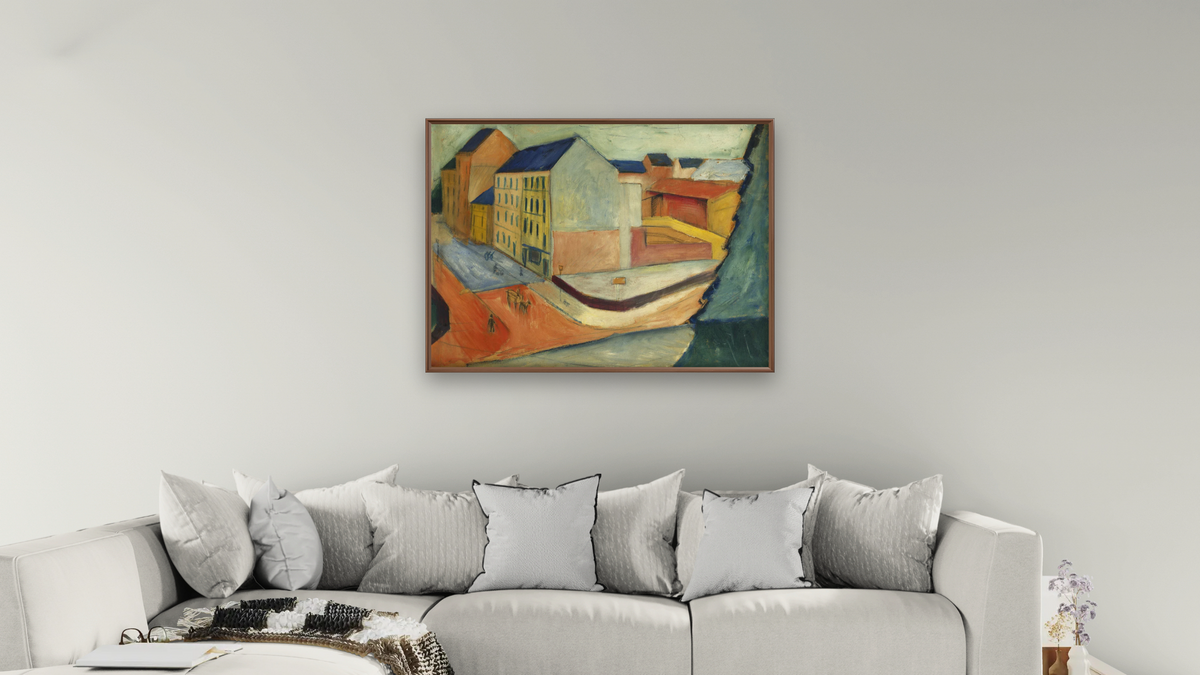 Unsere Strasse mit Reitbahn, Bonn by August Macke, shown at 30 × 40 in (76.2 × 101.6 cm) on canvas in Arber Warm Walnut, living