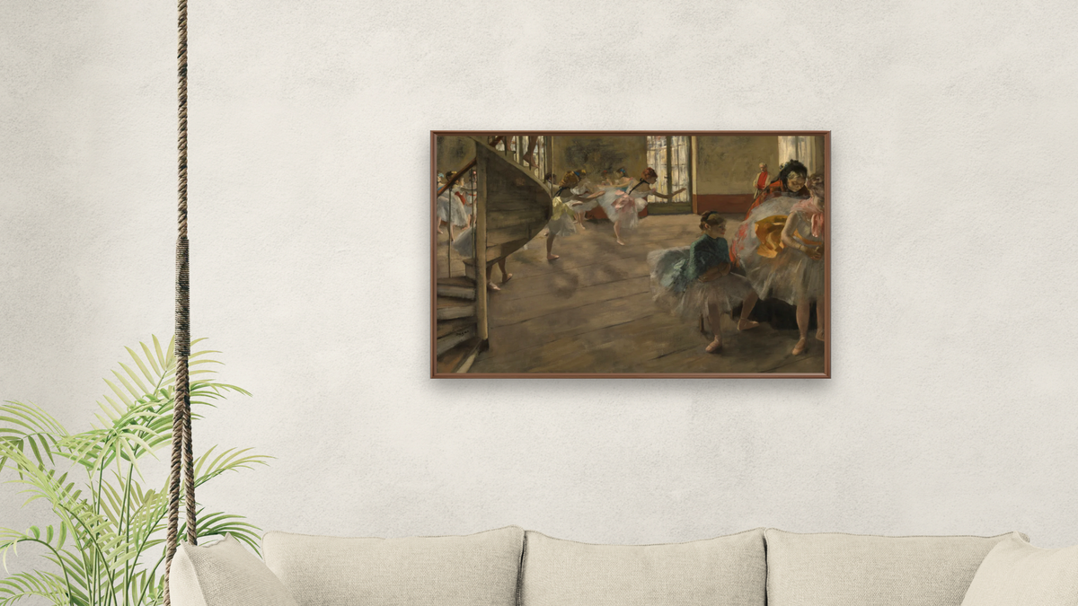 The Rehearsal by Edgar Degas, shown at 28 × 42 in (71.1 × 106.7 cm) on canvas in Arber Warm Walnut, living