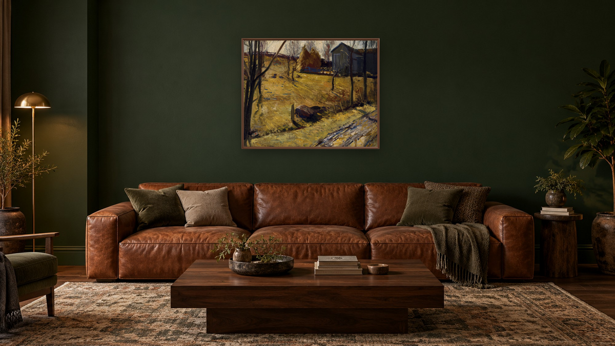 Haystacks and Barn by George Wesley Bellows, shown at 32 × 40 in (81.3 × 101.6 cm) on canvas in Arber Warm Walnut, den