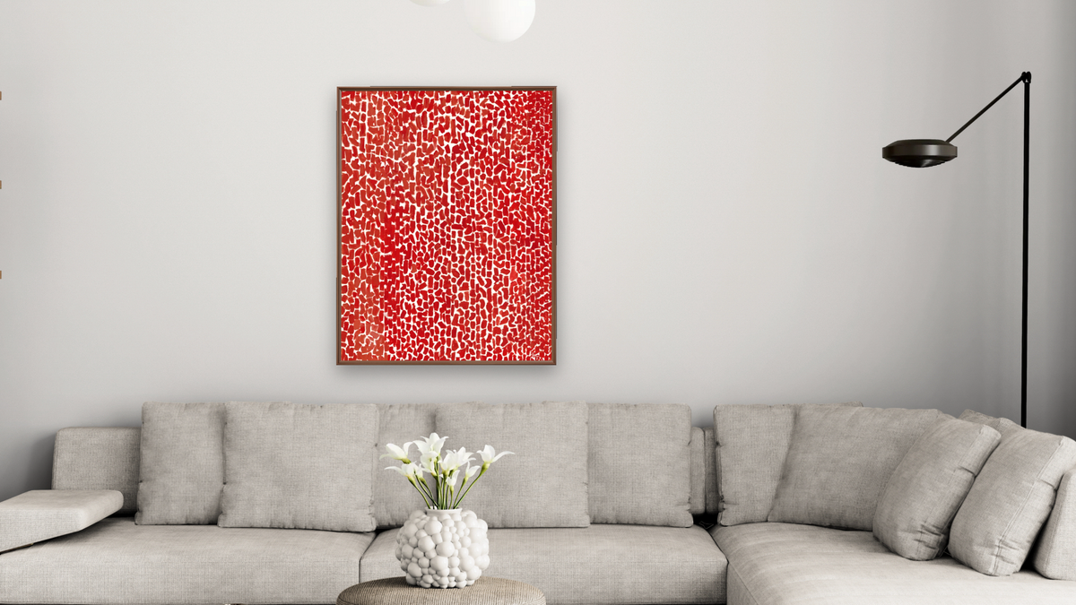Red Rose Cantata by Alma Thomas, shown at 30 × 40 in (76.2 × 101.6 cm) on canvas in Arber Warm Walnut, living