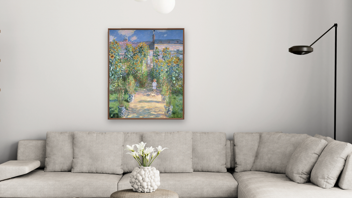 The Artist's Garden at Vetheuil by Claude Monet, shown at 32 × 40 in (81.3 × 101.6 cm) on canvas in Arber Warm Walnut, living