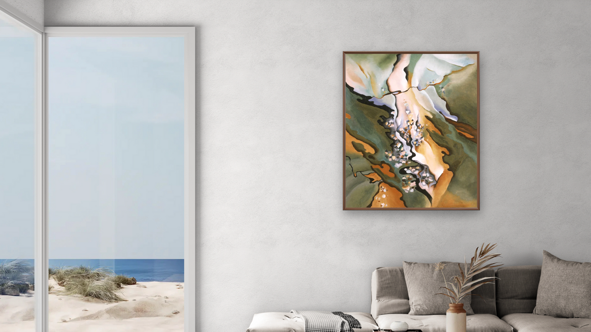 From the Lake No. 3 by Georgia O'Keeffe, shown at 32 × 40 in (81.3 × 101.6 cm) on canvas in Arber Warm Walnut, living