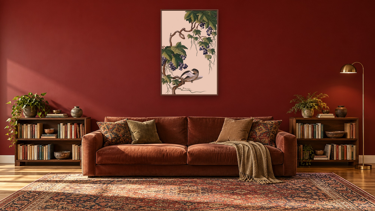 Grapes on vine with bird by Pierre Joseph Buchoz, shown at 28 × 42 in (71.1 × 106.7 cm) on canvas in Arber Warm Walnut, library