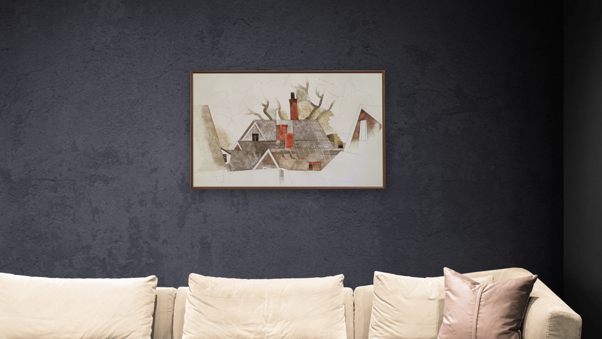 Red Chimneys by Charles Demuth, shown at 28 × 42 in (71.1 × 106.7 cm) on canvas in Arber Warm Walnut, living