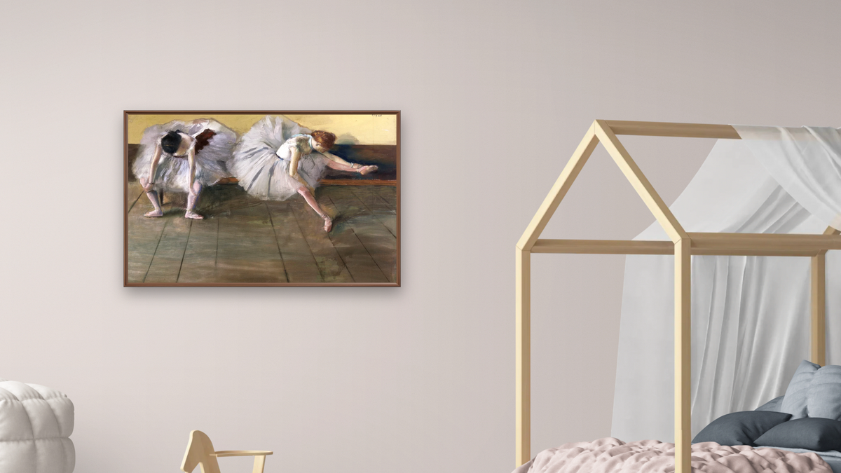 Dancers by Edgar Degas, shown at 28 × 42 in (71.1 × 106.7 cm) on canvas in Arber Warm Walnut, bedroom