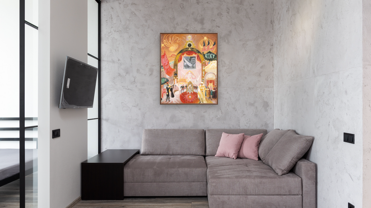 The Cathedrals of Broadway by Florine Stettheimer, shown at 32 × 40 in (81.3 × 101.6 cm) on canvas in Arber Warm Walnut, media room