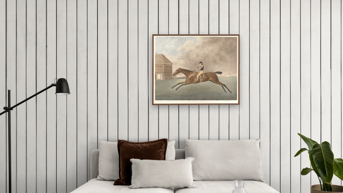 Baronet by George Townly Stubbs, After George Stubbs, shown at 32 × 40 in (81.3 × 101.6 cm) on canvas in Arber Warm Walnut, living