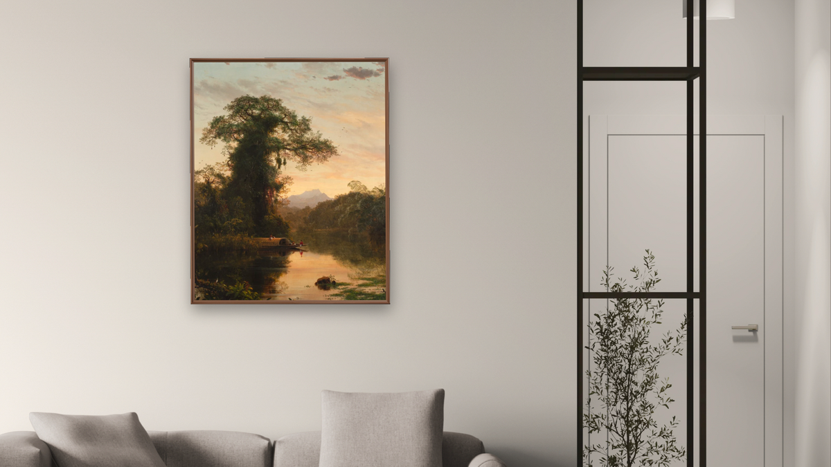 South American Landscape by Frederic Edwin Church, shown at 32 × 40 in (81.3 × 101.6 cm) on canvas in Arber Warm Walnut, living