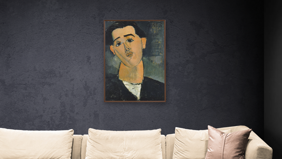 Portrait of Juan Gris by Amedeo Modigliani, shown at 28 × 42 in (71.1 × 106.7 cm) on canvas in Arber Warm Walnut, living