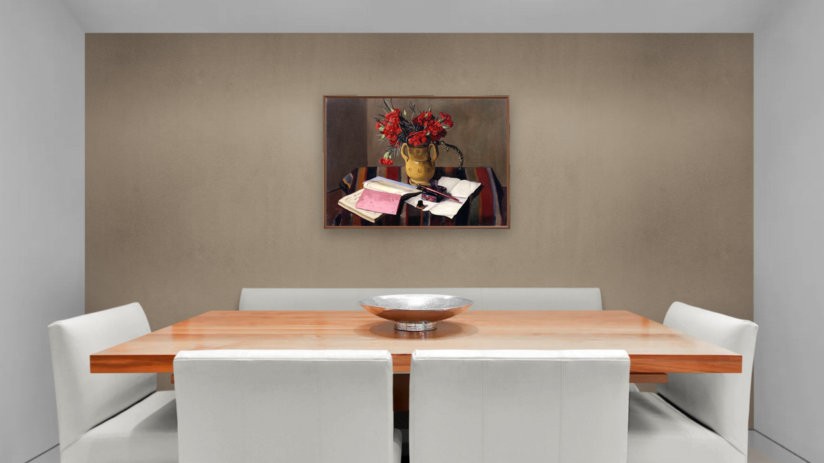 Carnations and Account Books by Félix Vallotton, shown at 30 × 40 in (76.2 × 101.6 cm) on canvas in Arber Warm Walnut, dining