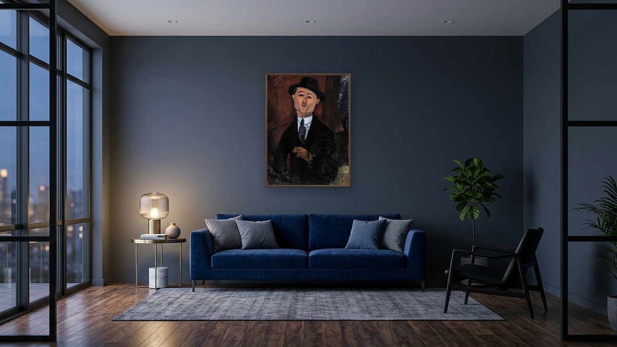Paul Guillaume, Novo Pilota by Amedeo Modigliani, shown at 30 × 40 in (76.2 × 101.6 cm) on canvas in Arber Warm Walnut, den