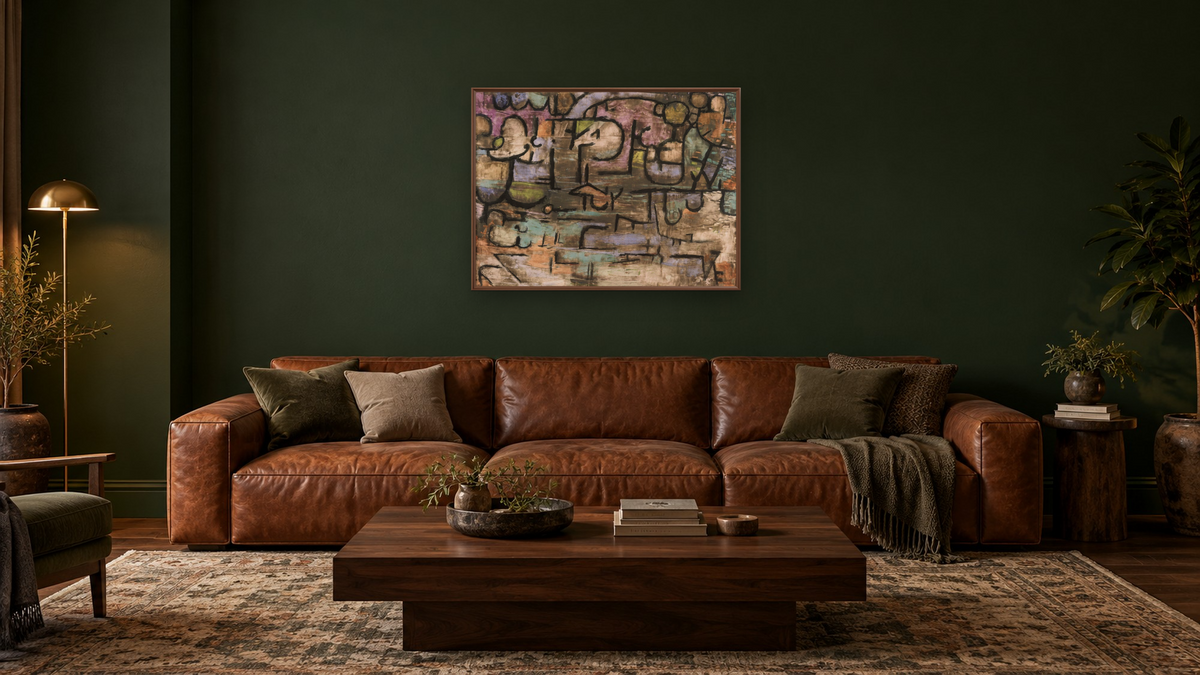 After The Flood by Paul Klee, shown at 30 × 40 in (76.2 × 101.6 cm) on canvas in Arber Warm Walnut, den