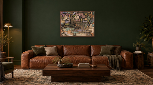 After The Flood by Paul Klee, shown at 30 × 40 in (76.2 × 101.6 cm) on canvas in Arber Warm Walnut, den [arteriel-render:v6:room_a:30x40@50,28]