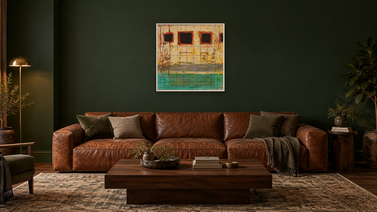 Left Behind, Again by Dobee Snowber, shown at 32 × 32 in (81.3 × 81.3 cm) on canvas in Arber Warm Walnut, den