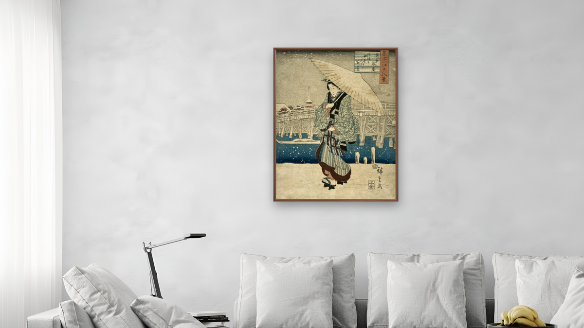 Eight Views of Edo, Evening Snow at Asakusa, date unknown by Andō Hiroshige, shown at 30 × 40 in (76.2 × 101.6 cm) on canvas in Arber Warm Walnut, living