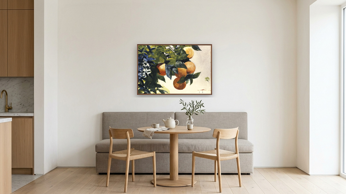 Oranges on a Branch by Winslow Homer, shown at 28 × 42 in (71.1 × 106.7 cm) on canvas in Arber Warm Walnut, kitchen