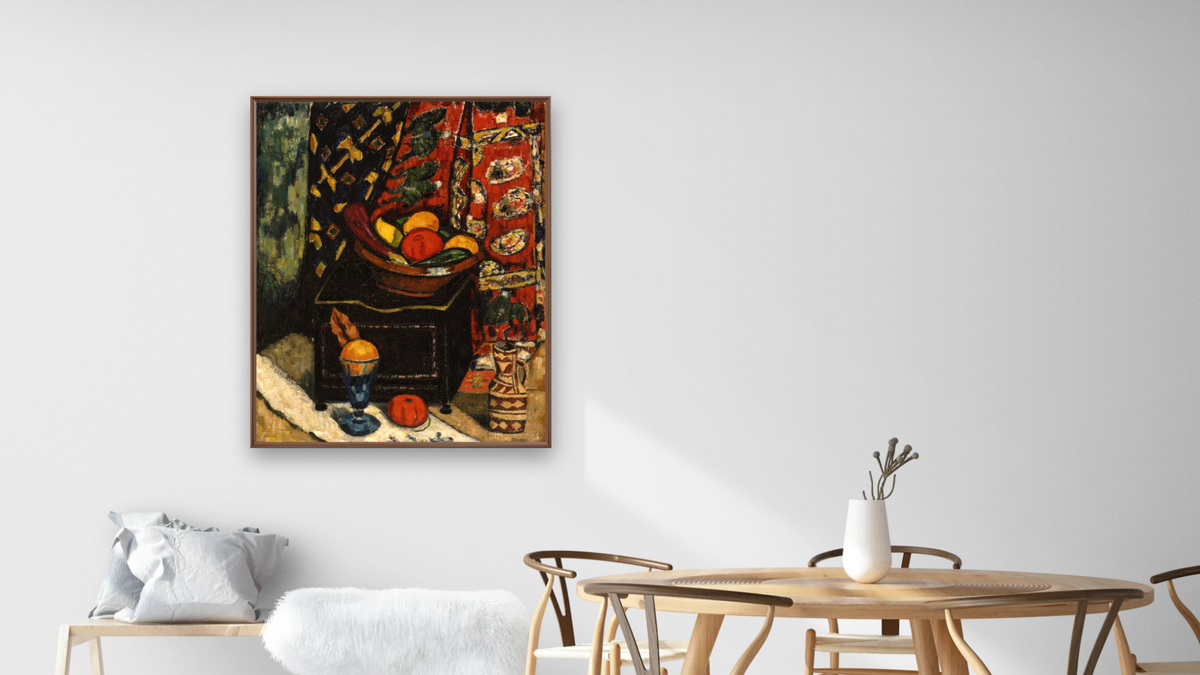 Still Life No. 1 by Marsden Hartley, shown at 32 × 40 in (81.3 × 101.6 cm) on canvas in Arber Warm Walnut, dining