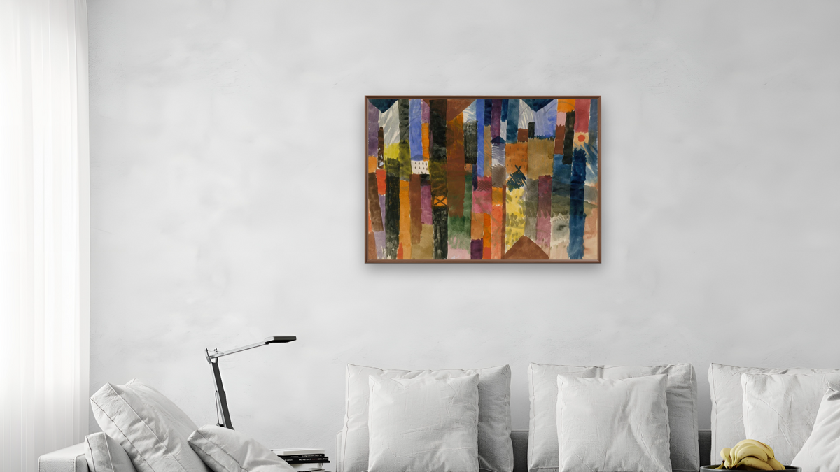 Before the Town by Paul Klee, shown at 30 × 40 in (76.2 × 101.6 cm) on canvas in Arber Warm Walnut, living