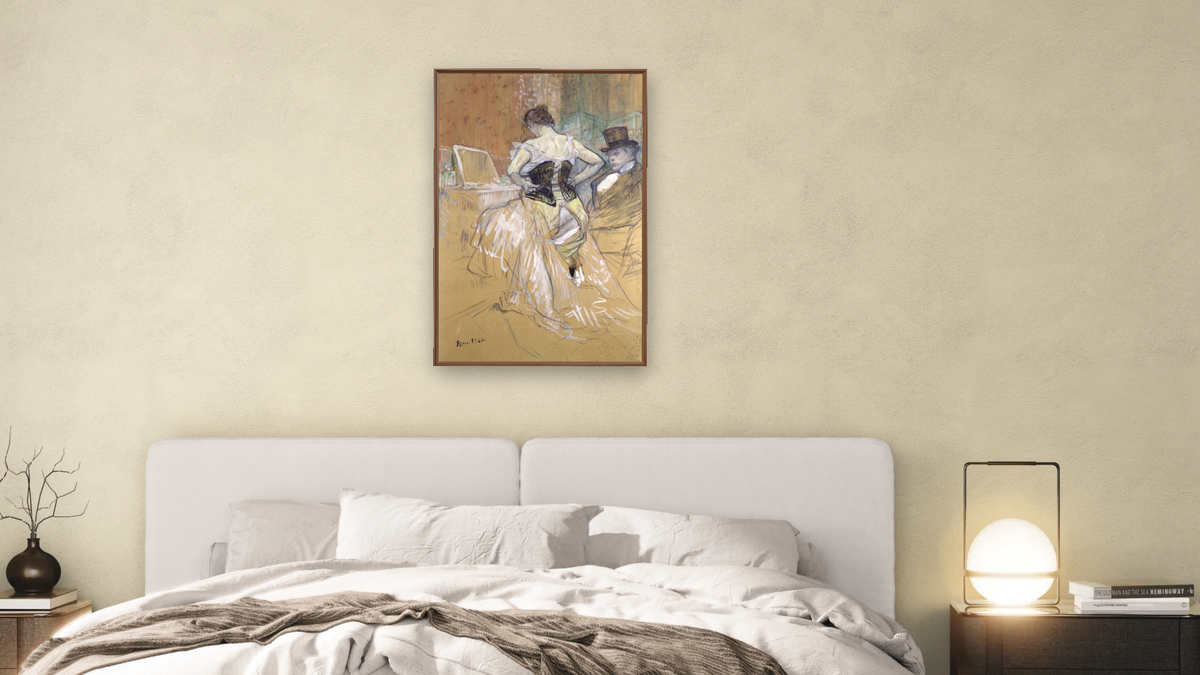 Woman at her Toilet, study for 'Elles' by Henri de Toulouse-Lautrec, shown at 28 × 42 in (71.1 × 106.7 cm) on canvas in Arber Warm Walnut, bedroom