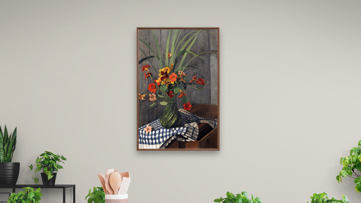 Nasturtiums by Félix Vallotton, shown at 28 × 42 in (71.1 × 106.7 cm) on canvas in Arber Warm Walnut, dining