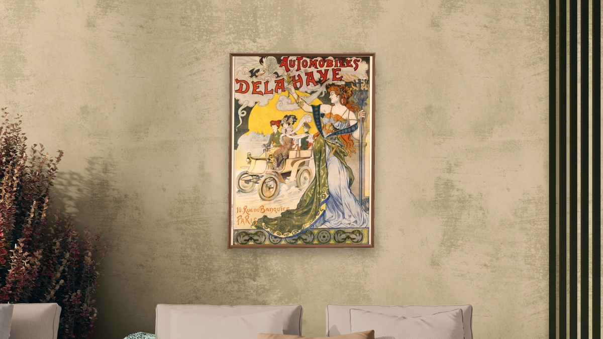 Automobiles Delahaye Poster, shown at 30 × 40 in (76.2 × 101.6 cm) on canvas in Arber Warm Walnut, living