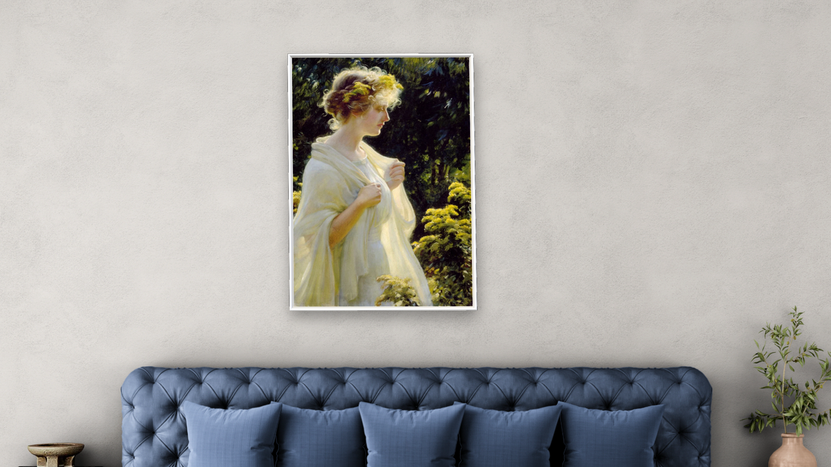 The Golden Profile by Charles Courtney Curran, shown at 28 × 42 in (71.1 × 106.7 cm) on canvas in Arber Warm Walnut, bedroom