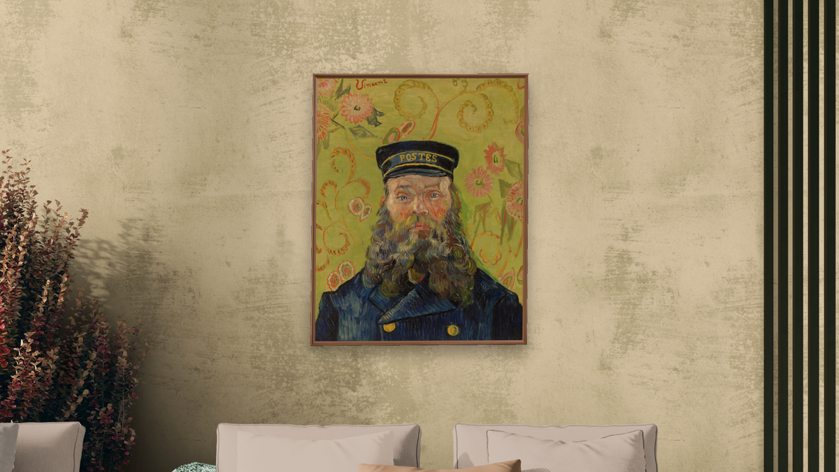 The Postman (Joseph-Étienne Roulin) by Vincent van Gogh, shown at 32 × 40 in (81.3 × 101.6 cm) on canvas in Arber Warm Walnut, living