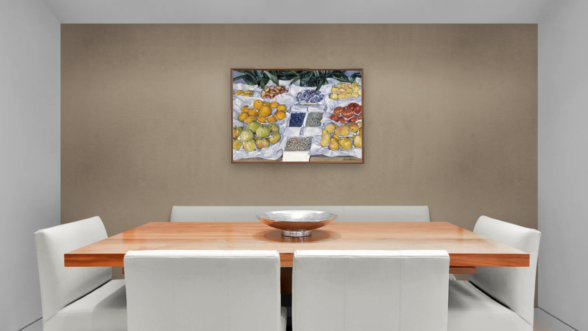 Fruit Displayed on a Stand by Gustave Caillebotte, shown at 30 × 40 in (76.2 × 101.6 cm) on canvas in Arber Warm Walnut, dining