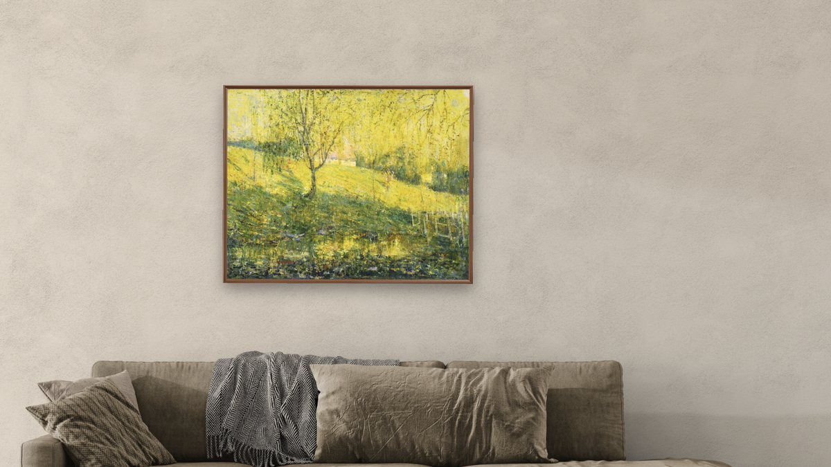 Spring by Ernest Lawson, shown at 32 × 40 in (81.3 × 101.6 cm) on canvas in Arber Warm Walnut, living