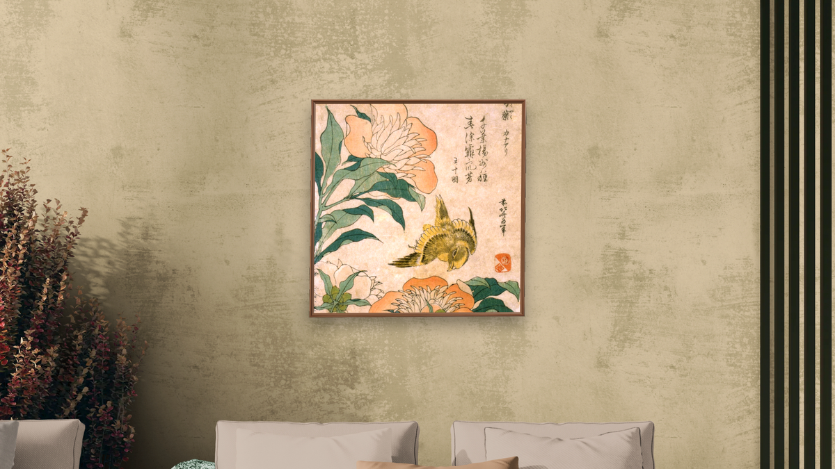 Peony and Canary by Katsushika Hokusai, shown at 32 × 32 in (81.3 × 81.3 cm) on canvas in Arber Warm Walnut, living