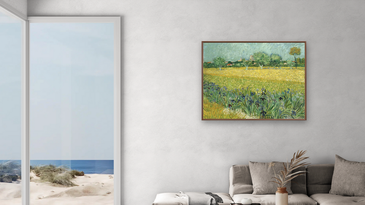 Field with Flowers near Arles by Vincent van Gogh, shown at 32 × 40 in (81.3 × 101.6 cm) on canvas in Arber Warm Walnut, living