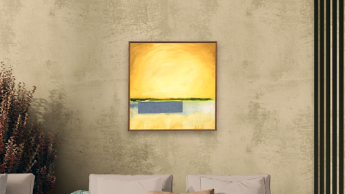 A New Day by Erin Fallon, shown at 32 × 32 in (81.3 × 81.3 cm) on canvas in Arber Warm Walnut, living [arteriel-render:v6:room_a:32x32@50,44]