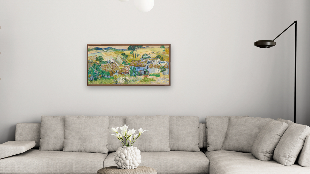 Farms near Auvers by Vincent van Gogh, shown at 20 × 40 in (50.8 × 101.6 cm) on canvas in Arber Warm Walnut, living