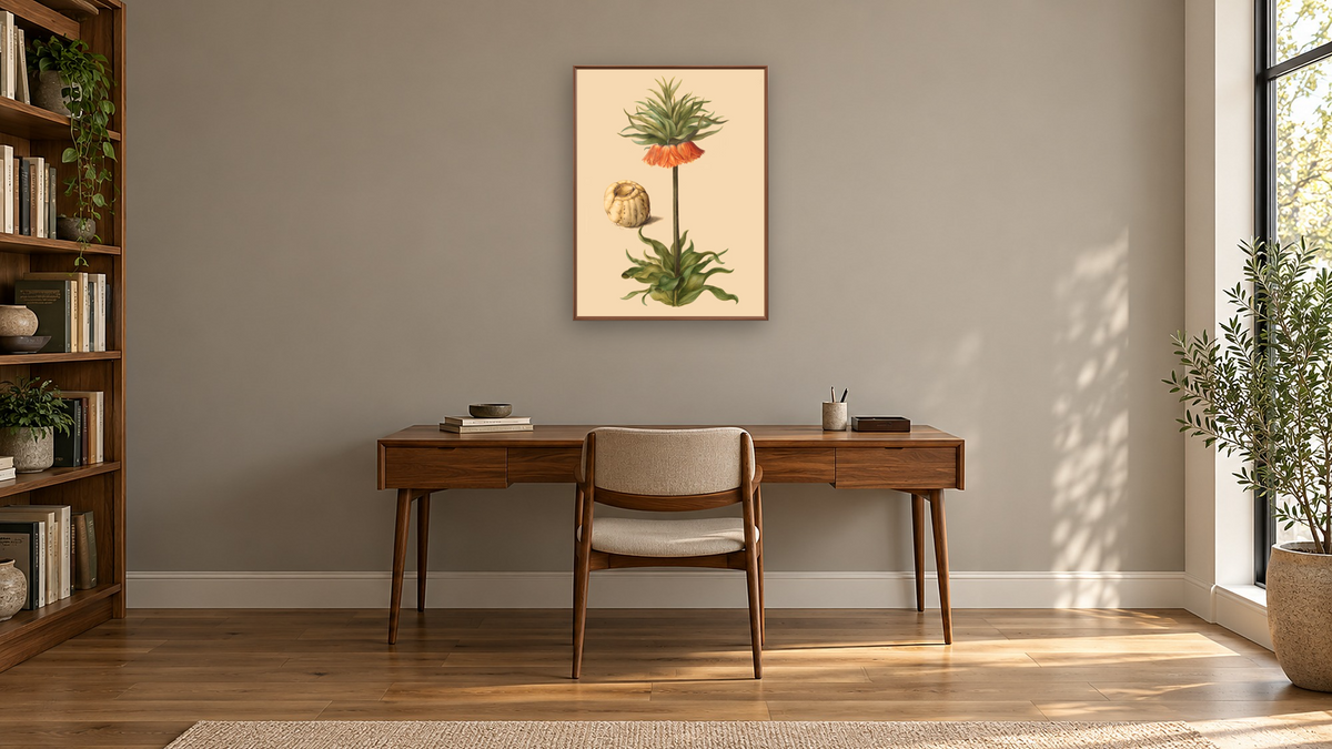 Fritillaria imperialis by Johannes Simon Holtzbecher, shown at 30 × 40 in (76.2 × 101.6 cm) on canvas in Arber Warm Walnut, library