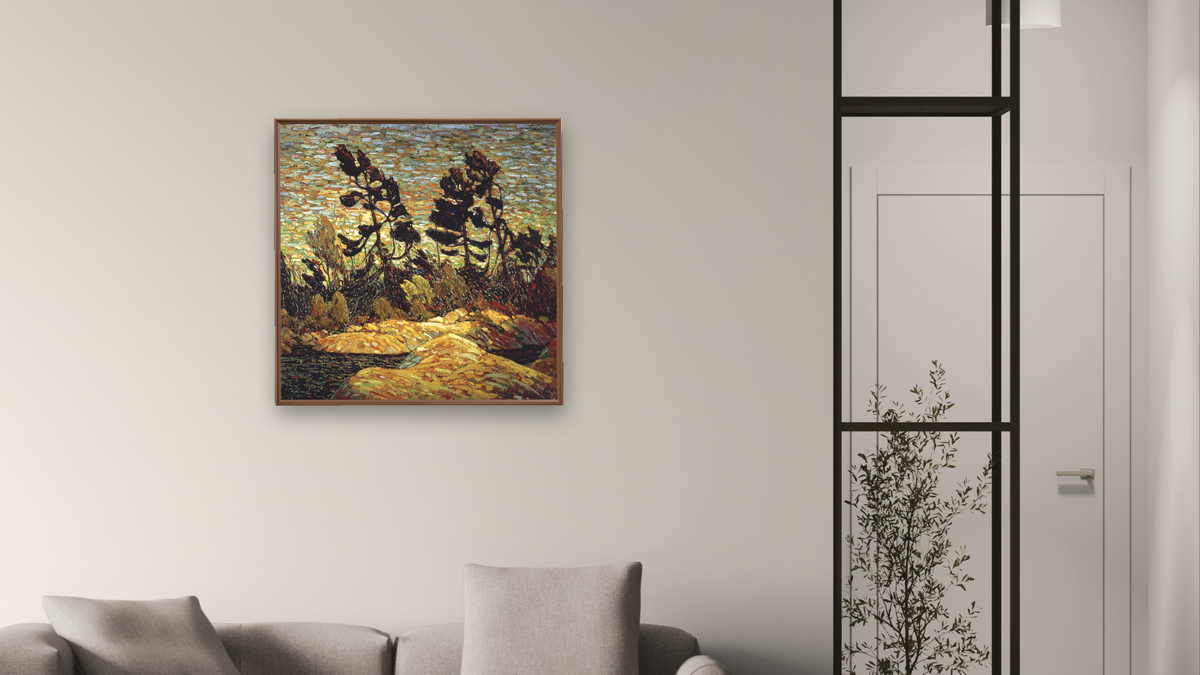 Summer Shore, Georgian Bay by Tom Thomson, shown at 32 × 32 in (81.3 × 81.3 cm) on canvas in Arber Warm Walnut, living