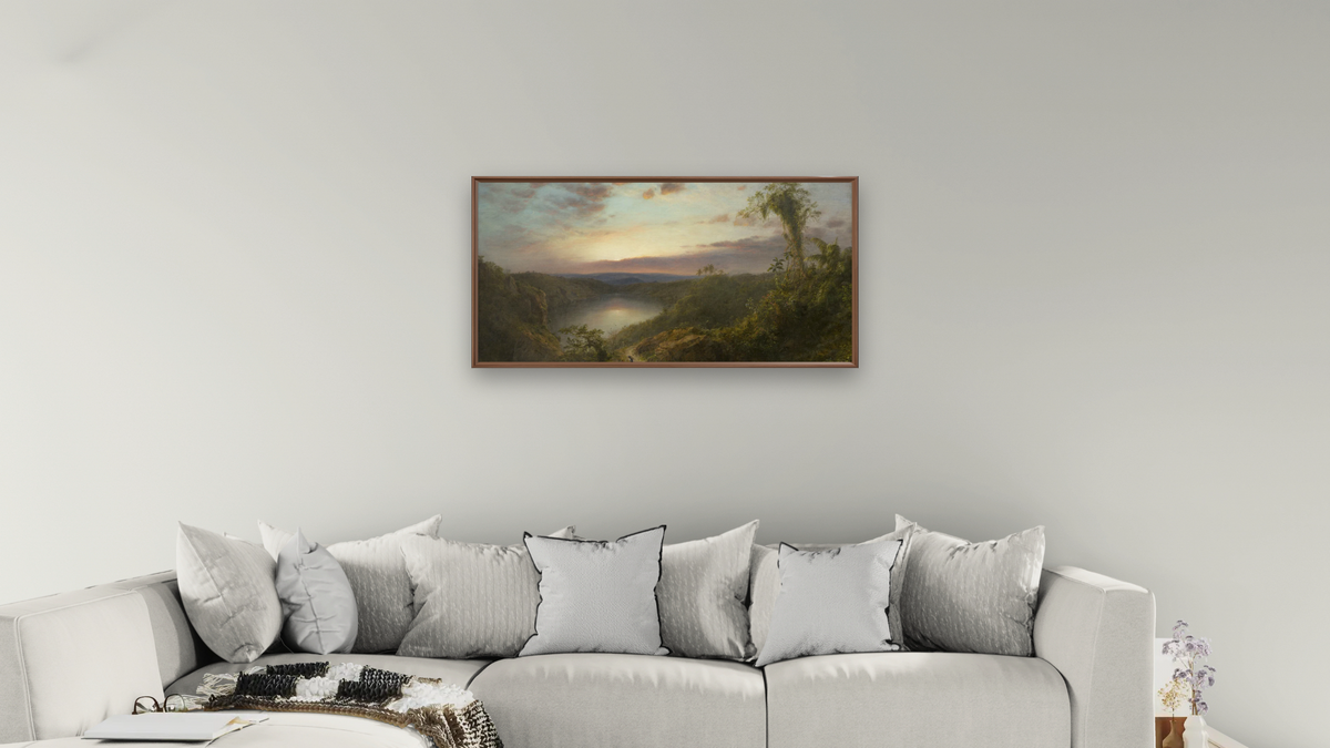 Sunset in the Tropics by Frederic Edwin Church, shown at 20 × 40 in (50.8 × 101.6 cm) on canvas in Arber Warm Walnut, living