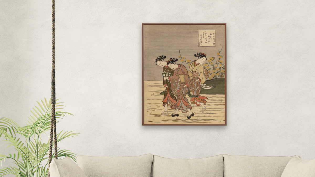 The Jewel River at Ide by Suzuki Harunobu, shown at 30 × 40 in (76.2 × 101.6 cm) on canvas in Arber Warm Walnut, living